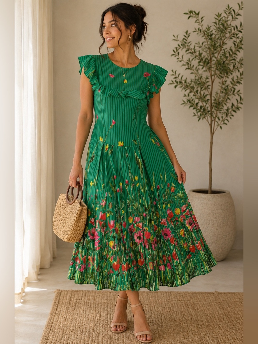 eShakti Green Floral Stripe Flutter Sleeve Midi Dress XS